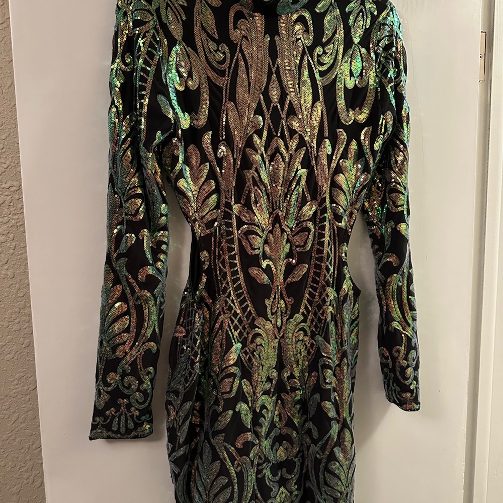 Elegant Black with Gold/Iridescent sequined Patterned Dress